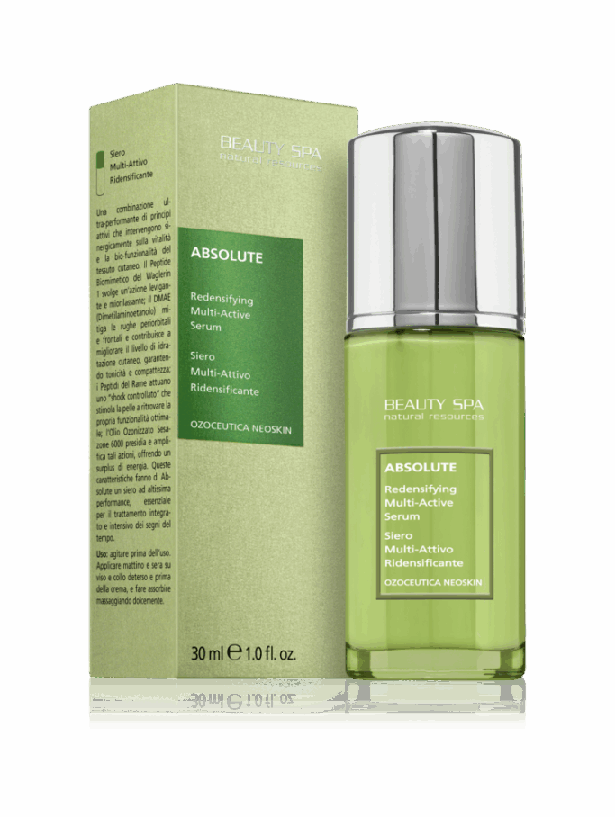 BEAUTY SPA ABSOLUTE Multi Active Serum Multiaktiivne noorendav seerum Erinevate tõhusatoimeliste toimeainete sünergeetiline kooslus tagab seerumi erakordse bioaktiivse nahka noorendava toime. Biomimeetilised Wagler-1 peptiidid on nahka pehmendava ja lihaskiudusid lõõgastava toimega; DMAE lisab nahale volüümi ja niisutatust, vähendades kortsujooni. Vaskpeptiidid kutsuvad kudedes esile „kontrollitud uuendava shoki“. Kõikide aktiivainete toimet tõhustab Sesazone 6000, mis omakorda tasakaalustab ja noorendab nahka. Selliste ainete koostoime seerumis võimaldab kõrgkvaliteetse vananemisvastase toime.