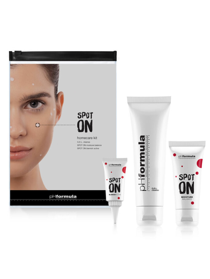 Näohooldus komplekt noortele ja rasusele nahale. The SPOT ON koduhooldus komplekt sisaldab: G.E.L. cleanse 100ml Moisture balance 50ml Blemish active 20ml